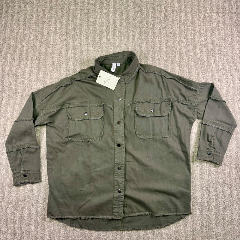 Elan Rock &‎ Roll Green Grey Cotton Shacket Distressed Embroidered Button Up M - Picture 3 of 8